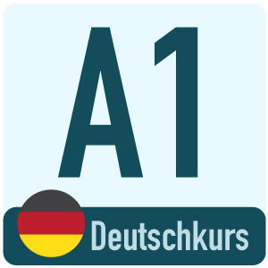 The title of the A1 German course with a round circle in the German national colours as a motive for English.