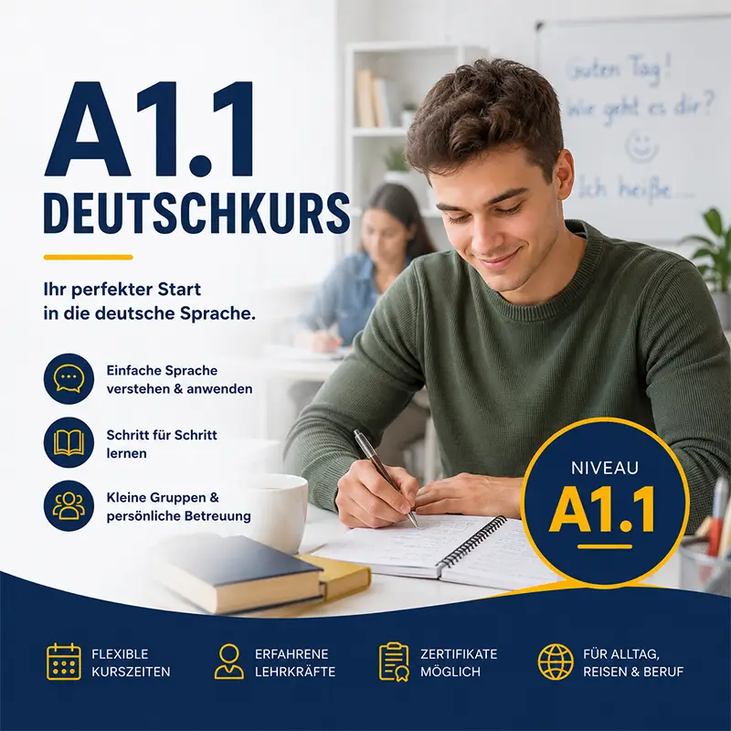Ein junger Mann lernt hochmotiviert für seinen A1.1 Deutschkurs und macht sich Notizen. Links stehen Grundpfeiler wie "Einfache Sprache verstehen" neben einem blau-gelben Niveausiegel.