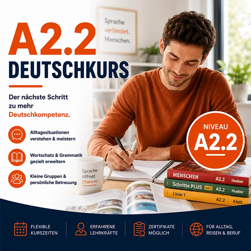 Werbebanner für den Deutschkurs A2.2. Zu sehen ist ein konzentrierter Sprachschüler am Schreibtisch mit passenden A2.2-Lehrbüchern. Text-Elemente heben Kurs-Highlights wie Alltagsdeutsch, Grammatikaufbau und kleine Lerngruppen hervor.