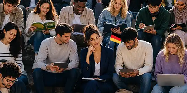  Eine vielfältige Gruppe junger Erwachsener sitzt draußen auf Treppenstufen und lernt gemeinsam. Sie nutzen Laptops, Tablets und Notizbücher. Eine Person hält ein Deutsch-Lehrbuch namens „Schritte“, und in der Mitte ist eine kleine Deutschlandflagge zu sehen.
