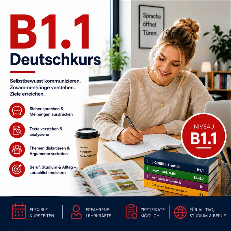 Mit einem Lächeln bereitet sich eine Kursteilnehmerin intensiv auf ihren B1.1 Deutschkurs vor. Ein markantes rotes Niveausiegel und übersichtliche Infotexte heben Kursziele wie das Führen von Diskussionen und das Verstehen von Texten hervor.