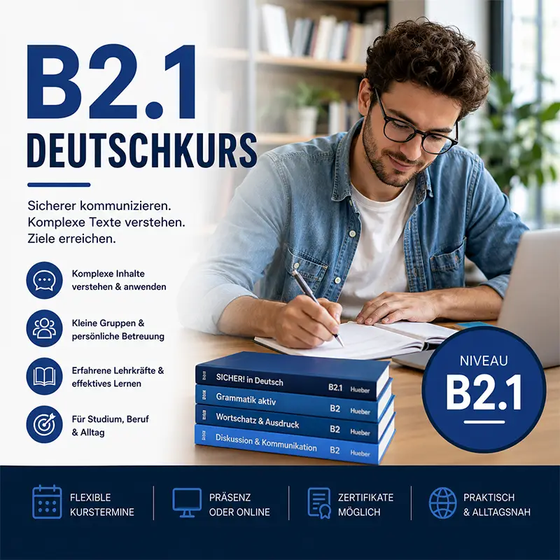 Informationsgrafik zum B2.1 Deutschkurs. Ein lächelnder Mann mit Brille lernt am Schreibtisch mit Laptop und B2-Fachbüchern. Texte zeigen Kursziele wie das Verstehen komplexer Inhalte und effektives Lernen in kleinen Gruppen. Ein blaues Siegel markiert das Niveau B2.1.