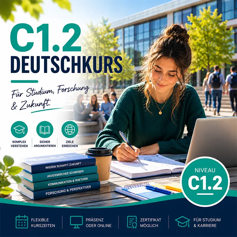 Werbegrafik für den C1.2 Deutschkurs. Eine junge Studentin lernt im Freien auf einem Uni-Campus. Der Text fokussiert sich auf Studium, Forschung und komplexe Argumentation. Ein türkisfarbenes Siegel rechts unten bestätigt das Niveau C1.2.