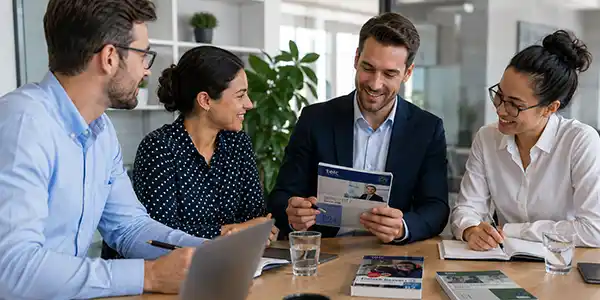 Vier lächelnde Personen in einem modernen Büro bei einer Kursberatung für berufsbezogene Deutschkurse, auf dem Tisch liegen Laptops und telc-Lernmaterialien für Deutsch B2+ und C1.