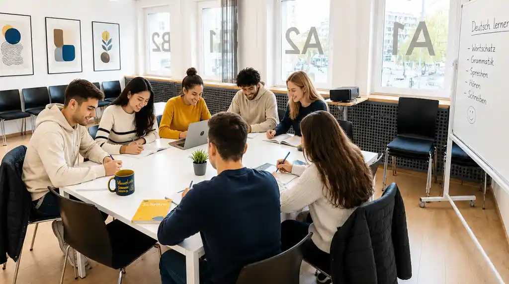 Eine Lerngruppe, bestehend aus jungen Menschen, lernen Deutsch an einem Tisch in einem hellen Klassenzimmer mit einem Whiteboard und Büchern.