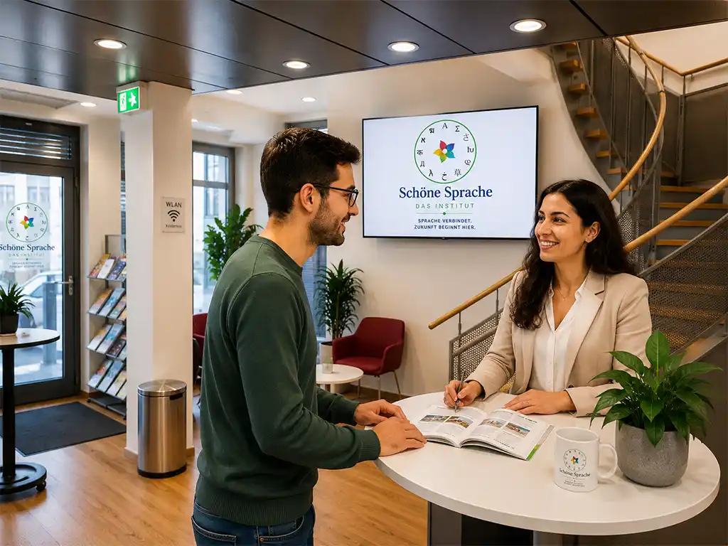 ine freundliche Beraterin im hellen Empfangsbereich des Instituts Schöne Sprache führt an einem Stehtisch ein persönliches Beratungsgespräch mit einem Interessenten.