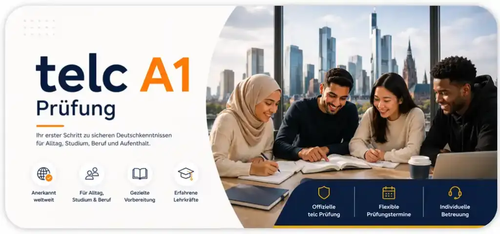 telc A1 Prüfung in Frankfurt mit motivierten Deutschlernenden beim Üben von Lesen, Schreiben und Kommunikation in einer modernen Lernumgebung.