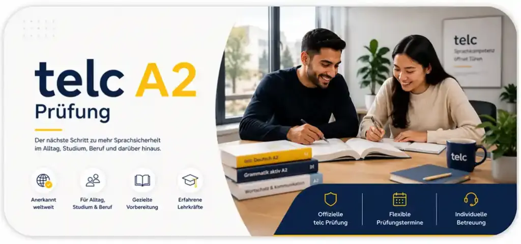 Informationsgrafik zur telc A2 Prüfung. Ein lernendes Paar am Tisch sowie Symbole für gezielte Vorbereitung, individuelle Betreuung und erfahrene Lehrkräfte.