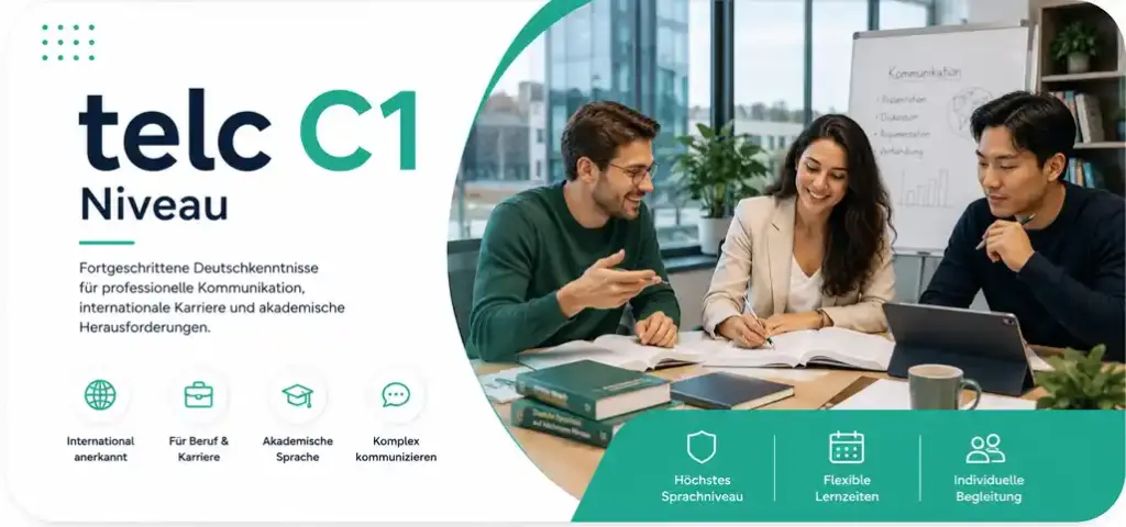 telc C1 Vorbereitung in Frankfurt mit internationalen Teilnehmenden, die gemeinsam für die telc C1 Prüfung lernen und akademische Deutschkenntnisse vertiefen.