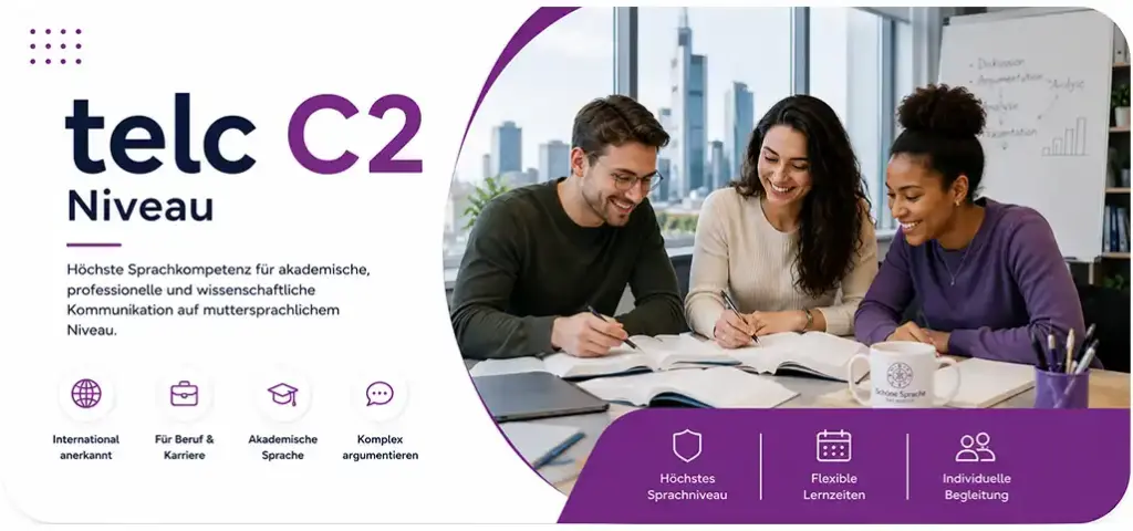 Grafik für die telc C2 Prüfung und Vorbereitungskurs im Sprachinstitut Schöne Sprache. Drei Erwachsene lernen gemeinsam an einem Tisch. Enthält Informationen zu Kursvorteilen wie akademischer Sprache, flexiblen Lernzeiten und der Frankfurter Skyline im Hintergrund.