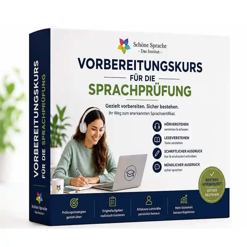 Produktgrafik zum Vorbereitungskurs für die telc Prüfung mit Lerninhalten zu Hörverstehen, Leseverstehen, schriftlichem und mündlichem Ausdruck.