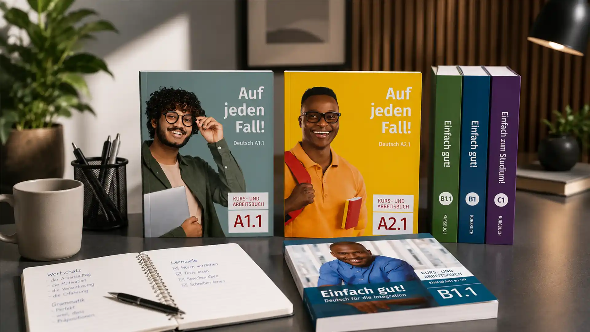 Auf einem Schreibtisch liegen aktuelle Lehrbücher für den anstehenden telc Vorbereitungskurs in Frankfurt am Main bereit, die alle Niveaus von A1 bis C1 abdecken. Ein Notizbuch mit Vokabeln und eine Tasse ergänzen die motivierende Lernkulisse.